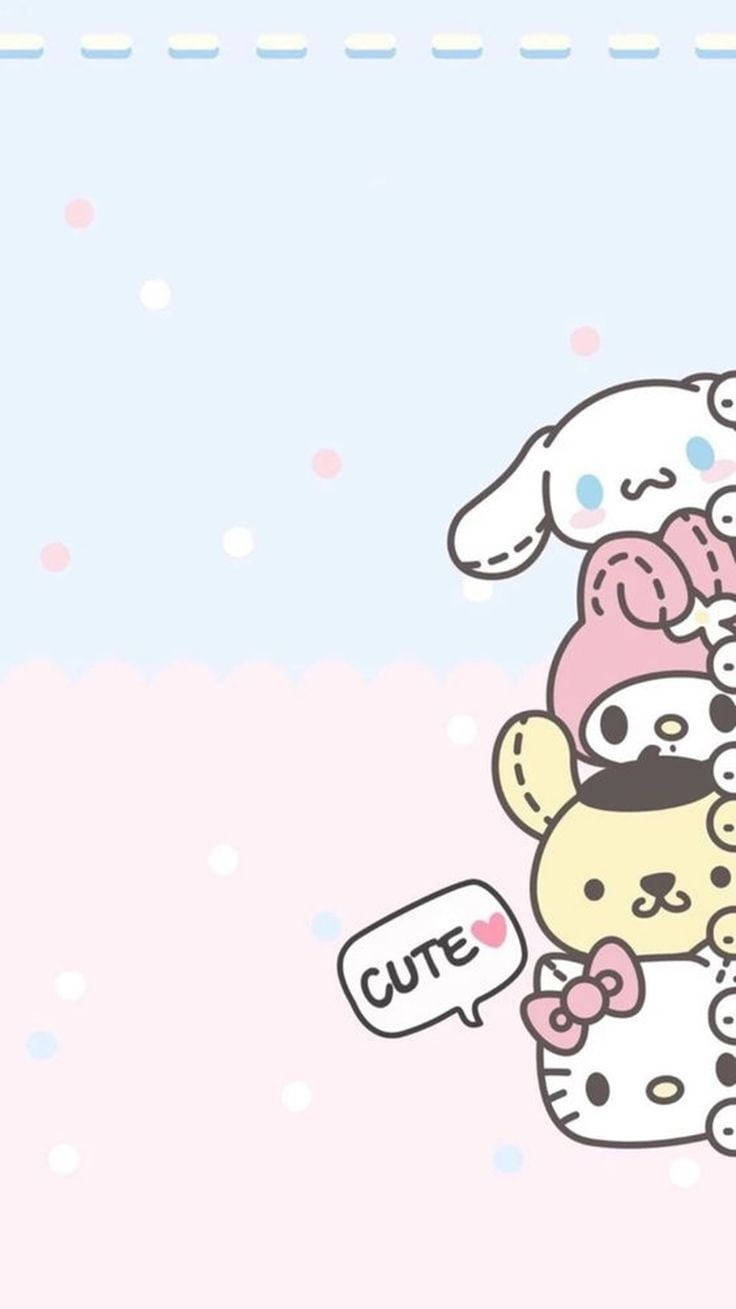 藍粉配色 Sanrio 角色 壁紙 — 疊起的Sanrio角色從右側探出頭來，背景是粉彩天空和雲朵，還有漂浮的圓點。