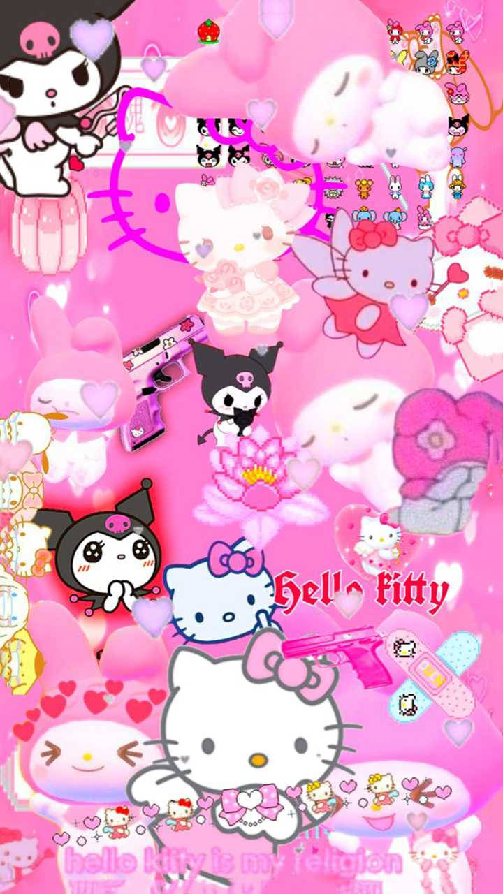 Hello Kitty 和 Kuromi 角色在粉紅色可愛拼貼中，配有心形和花朵。 — Y2k GIF 壁紙