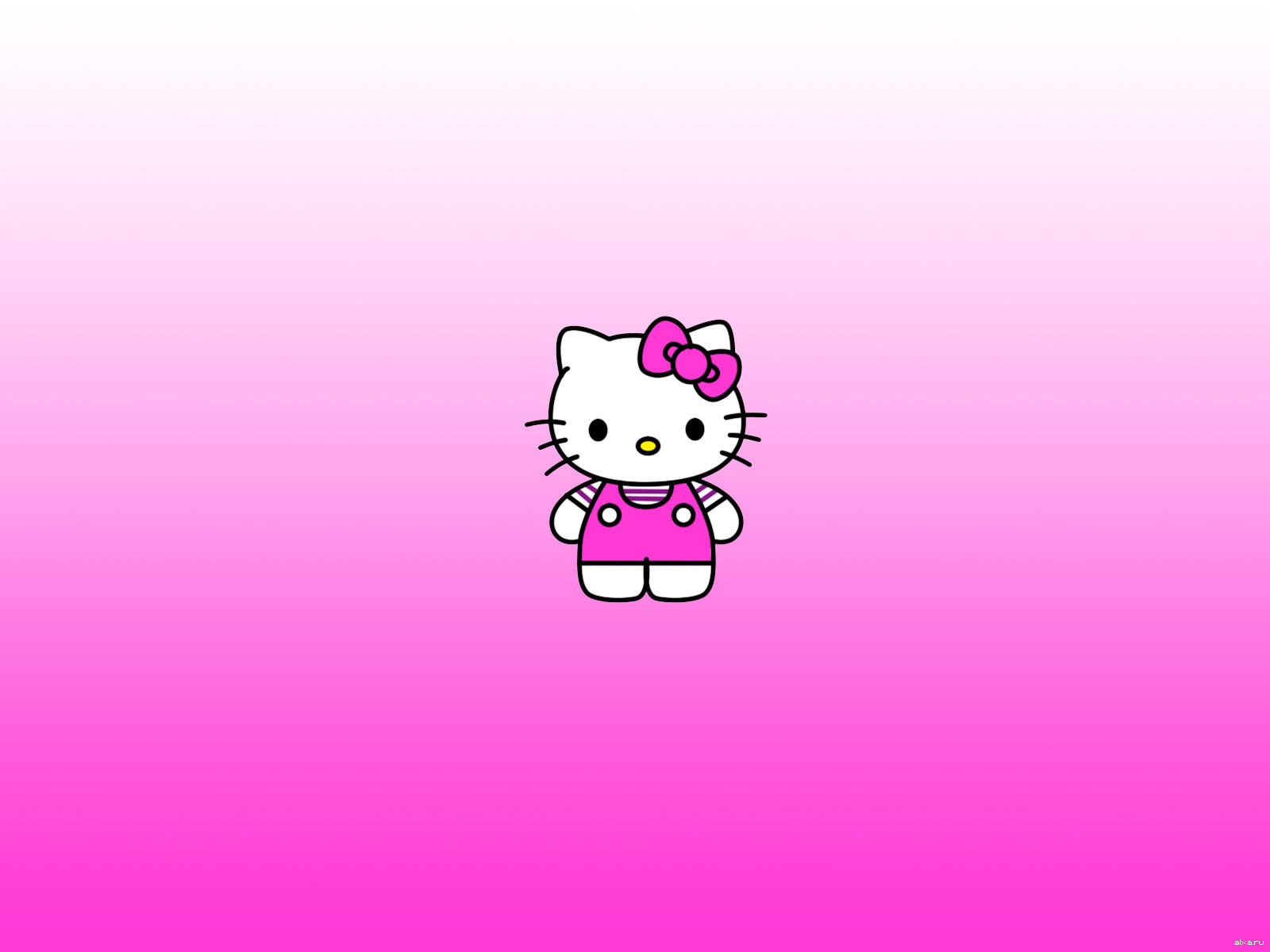 Hello Kitty 卡通角色穿著粉紅色工人褲，站在粉紅色漸變背景上。