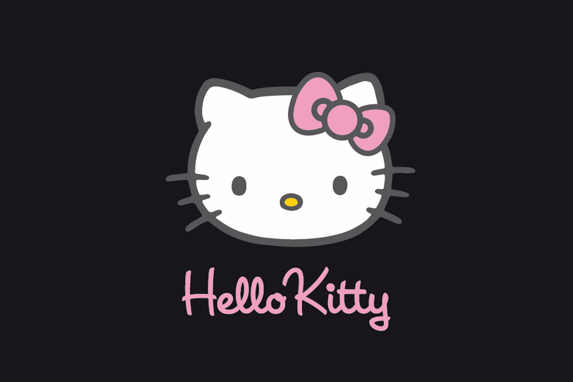 Sanrio 桌面 Hello Kitty 粉紅字樣壁紙 壁紙 — 一隻白色卡通貓，戴著粉紅色蝴蝶結和黃色鼻子，居中在黑色背景上，下方有粉紅色草書文字。