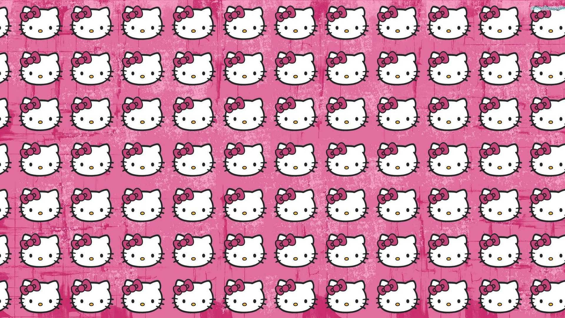 Sanrio 桌面 Hello Kitty 面部圖騰壁紙 壁紙 — 在帶有紋理的粉紅色背景上，重複出現白色Hello Kitty臉孔並配上粉紅色蝴蝶結的圖案。