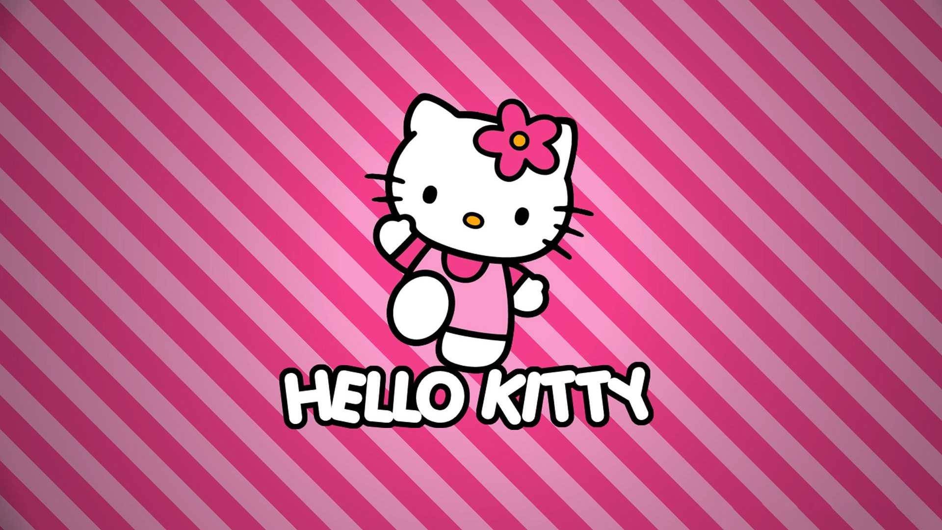 Sanrio 桌面 Hello Kitty 粉紅條紋壁紙 壁紙 — Hello Kitty 卡通角色穿著粉紅色連衣裙，在對角粉紅色條紋背景前揮手。