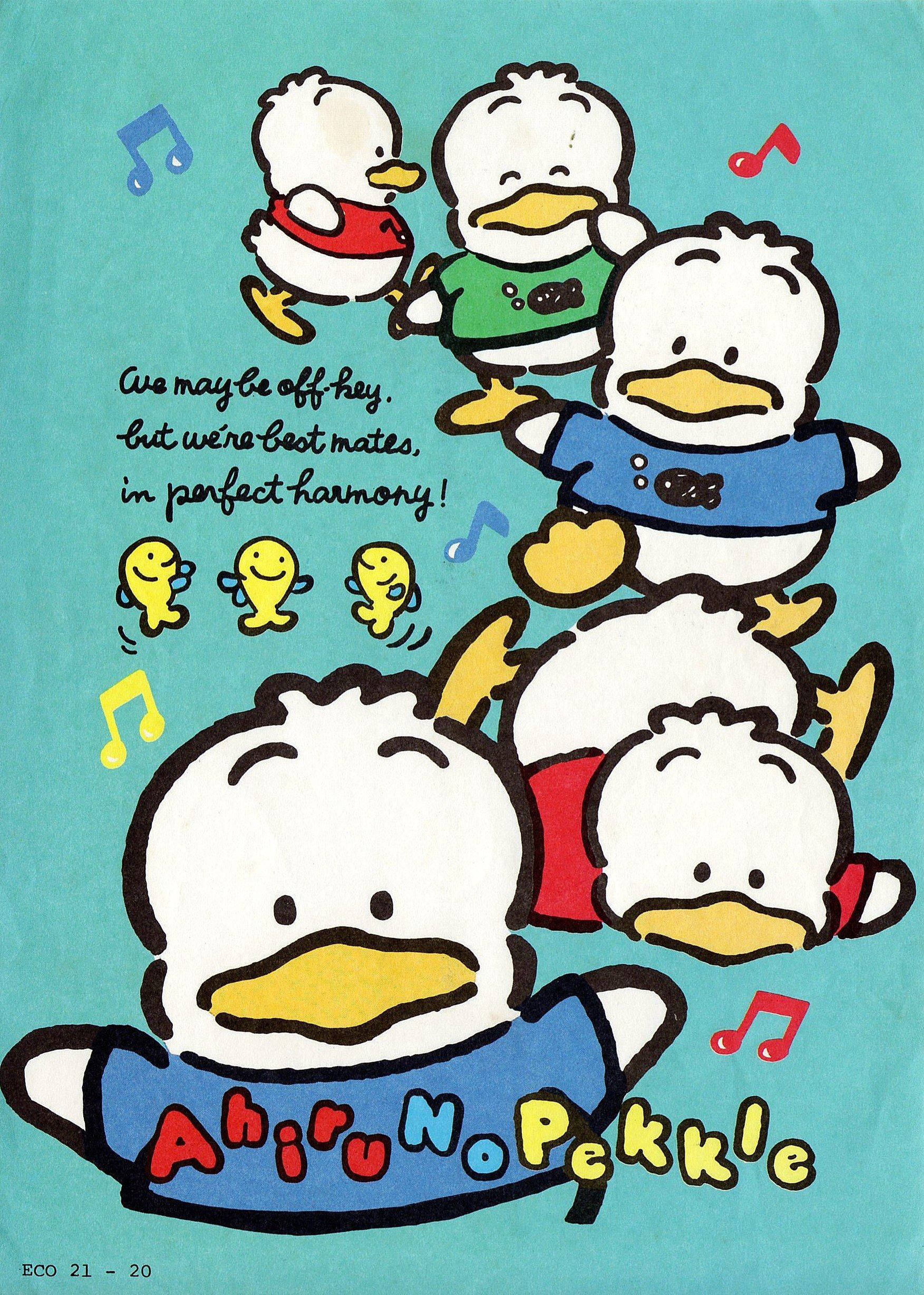 Sanrio 鴨子角色 Ahiru No Pekkle 壁紙 — 五隻卡通鴨子穿著色彩繽紛的襯衫，在青綠色背景前開心地擺姿勢，伴隨著音符。