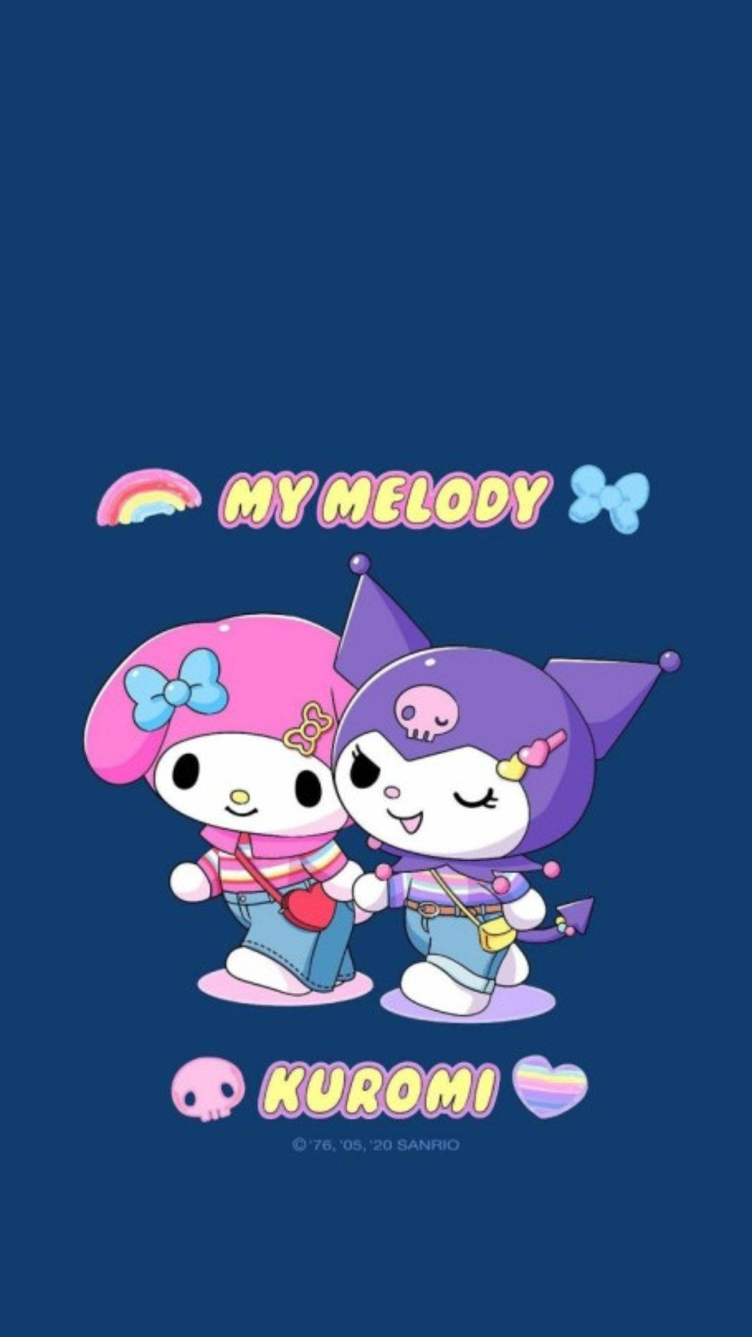 Sanrio的可愛My Melody與Kuromi 壁紙 — My Melody 與 Kuromi 在深藍色背景上手牽手，並帶有彩虹和蝴蝶結點綴。