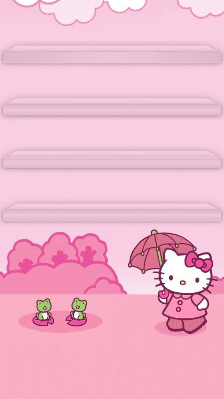 Sanrio粉紅手機壁紙 壁紙 — Hello Kitty 拿著粉紅色雨傘，旁邊有兩隻青蛙在粉紅色船上，粉紅色雲朵下，背景為粉彩粉紅色。