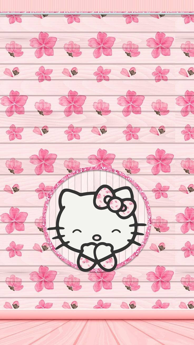 Hello Kitty 在閃閃發光的圓圈中微笑，背景是粉紅色木板和櫻花。