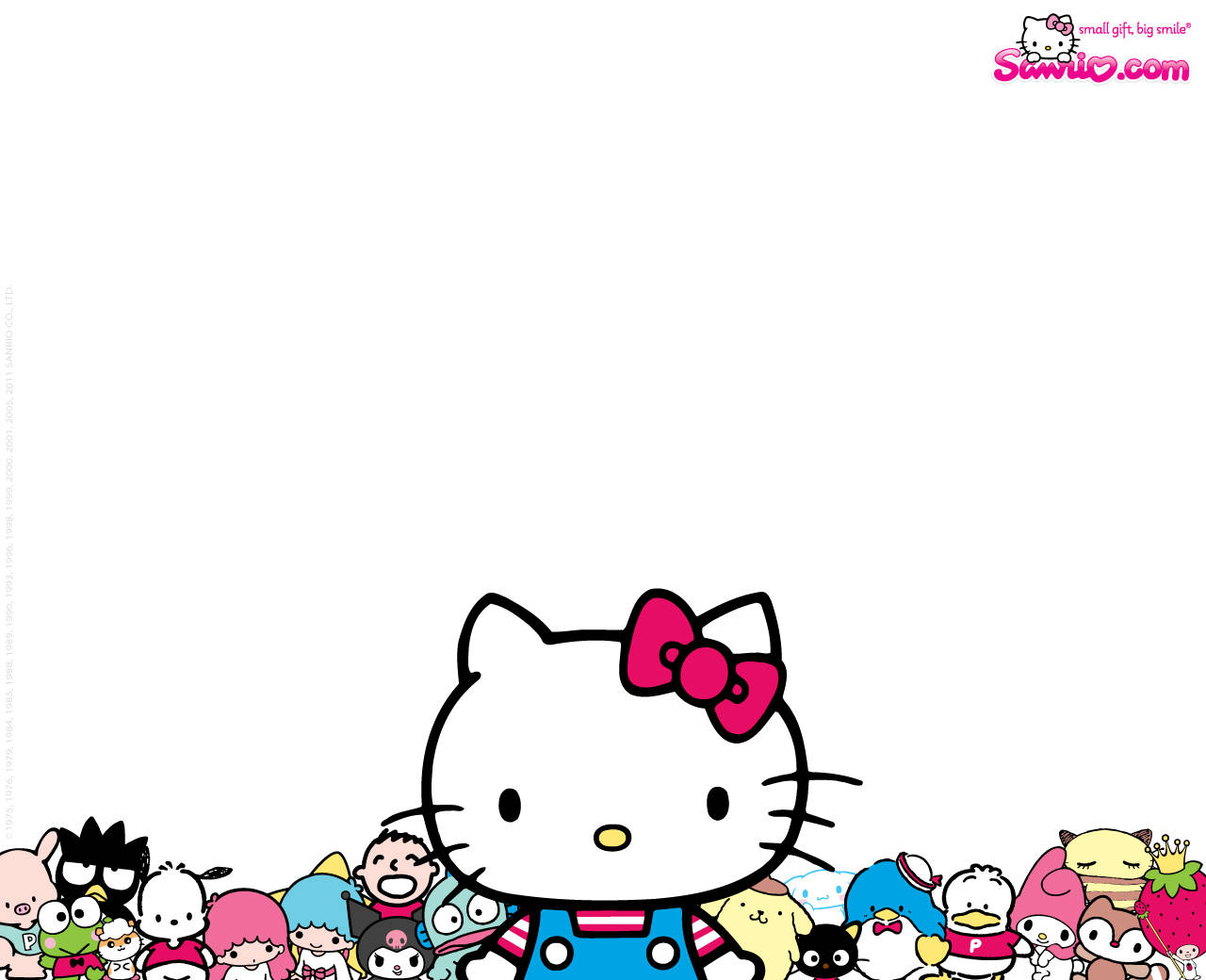 Hello Kitty 同朋友喺卡通牆紙上笑。