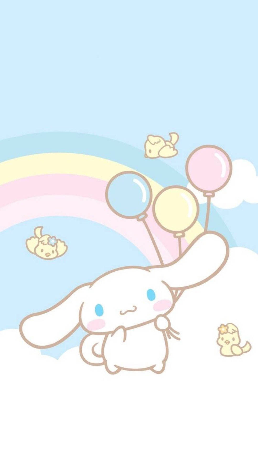 Cinnamoroll 喺彩虹下面拎住氣球，毛茸茸嘅小雞喺天空漂浮。
