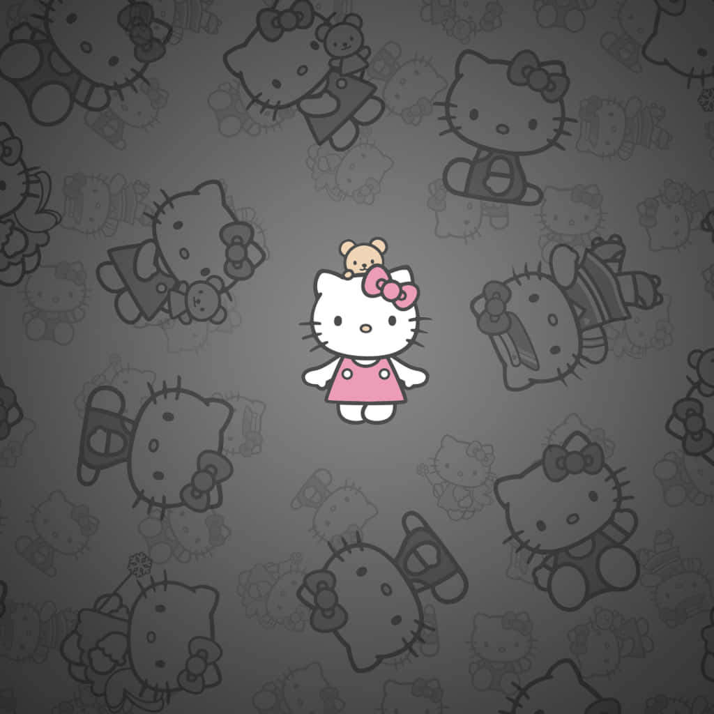 Sanrio黑粉風格頭像 壁紙 — 色彩繽紛的Hello Kitty在充滿褪色Hello Kitty圖案的灰色背景上脫穎而出。