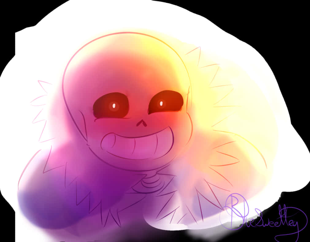 發光的Sans 原創藝術 壁紙 — 一個發光的動漫角色，咧嘴大笑，紅色的眼睛，在純黑色背景上散發出溫暖的紫色、黃色和橙色色調。