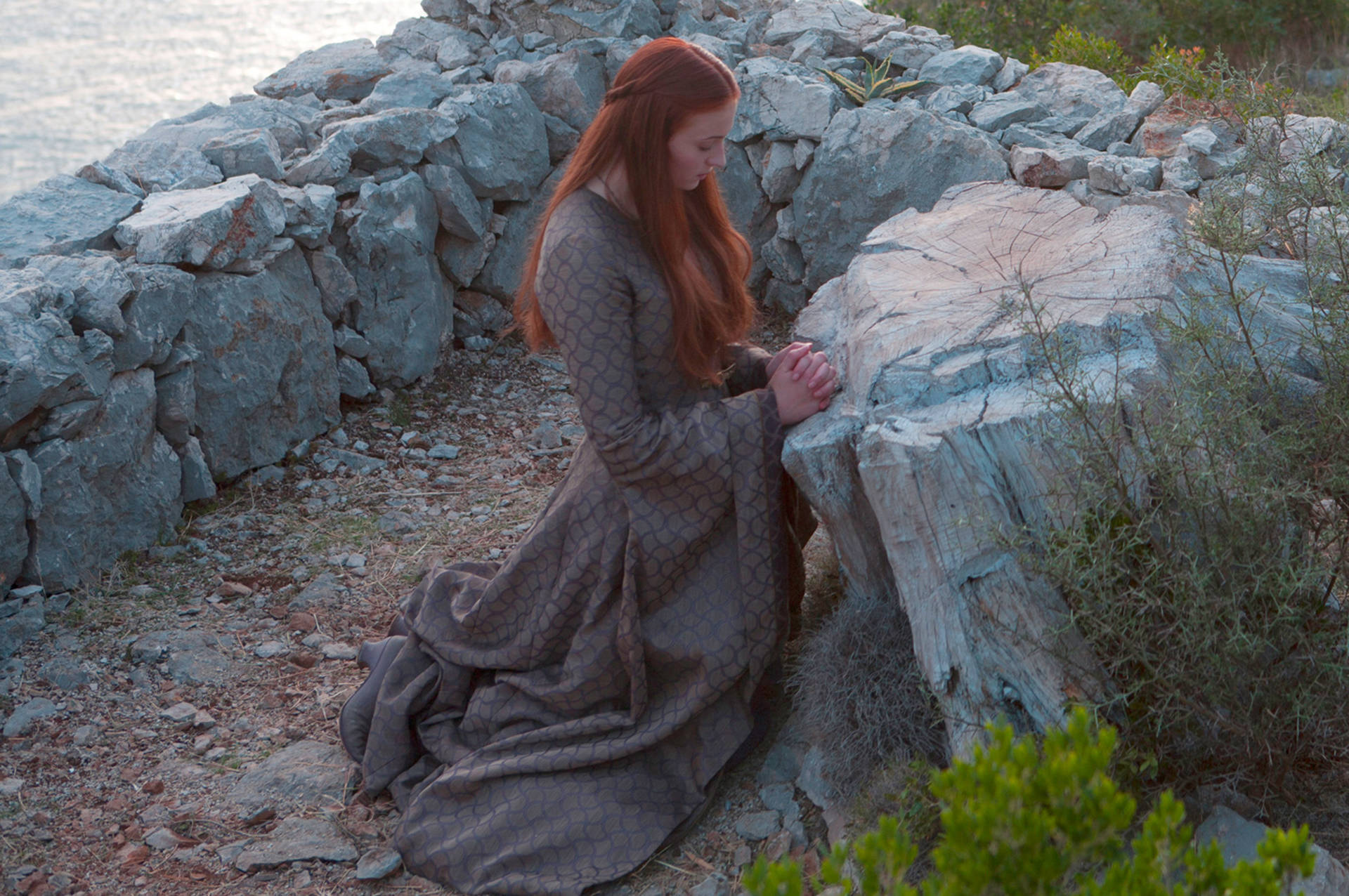 Sansa Stark禱告 壁紙 — 一位長紅髮的女性在黃昏時分跪在岩石海岸景觀中的一個大樹樁旁。