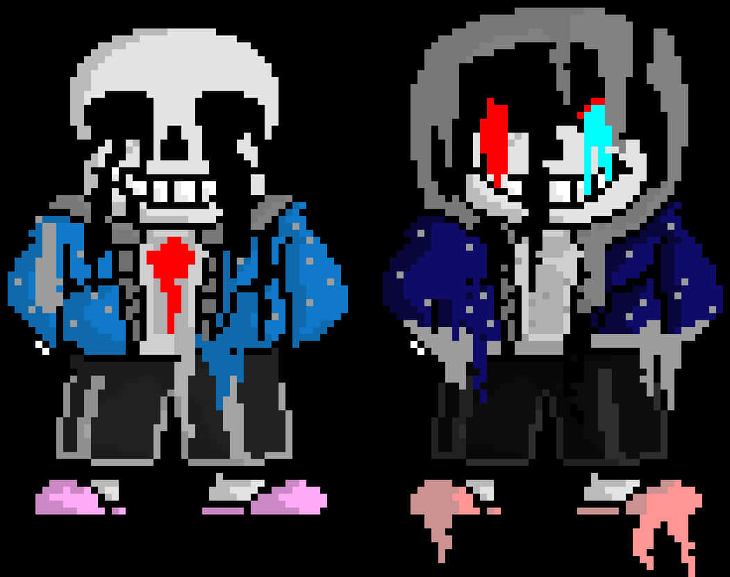 Sans與Underswap Sans像素藝術 壁紙 — 兩個像素藝術角色，頭骨頭顱，眼睛色彩繽紛，並排站在黑色背景前。