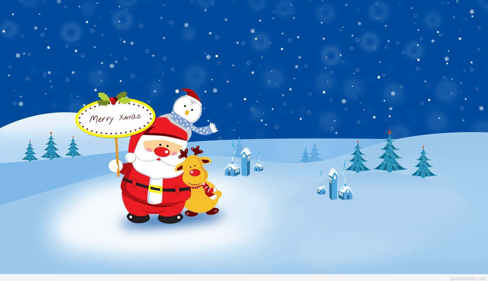 Sanrio Christmas 桌布 壁紙 — 聖誕老人和一隻馴鹿站在雪景中，在星空下舉著「聖誕快樂」的牌子。