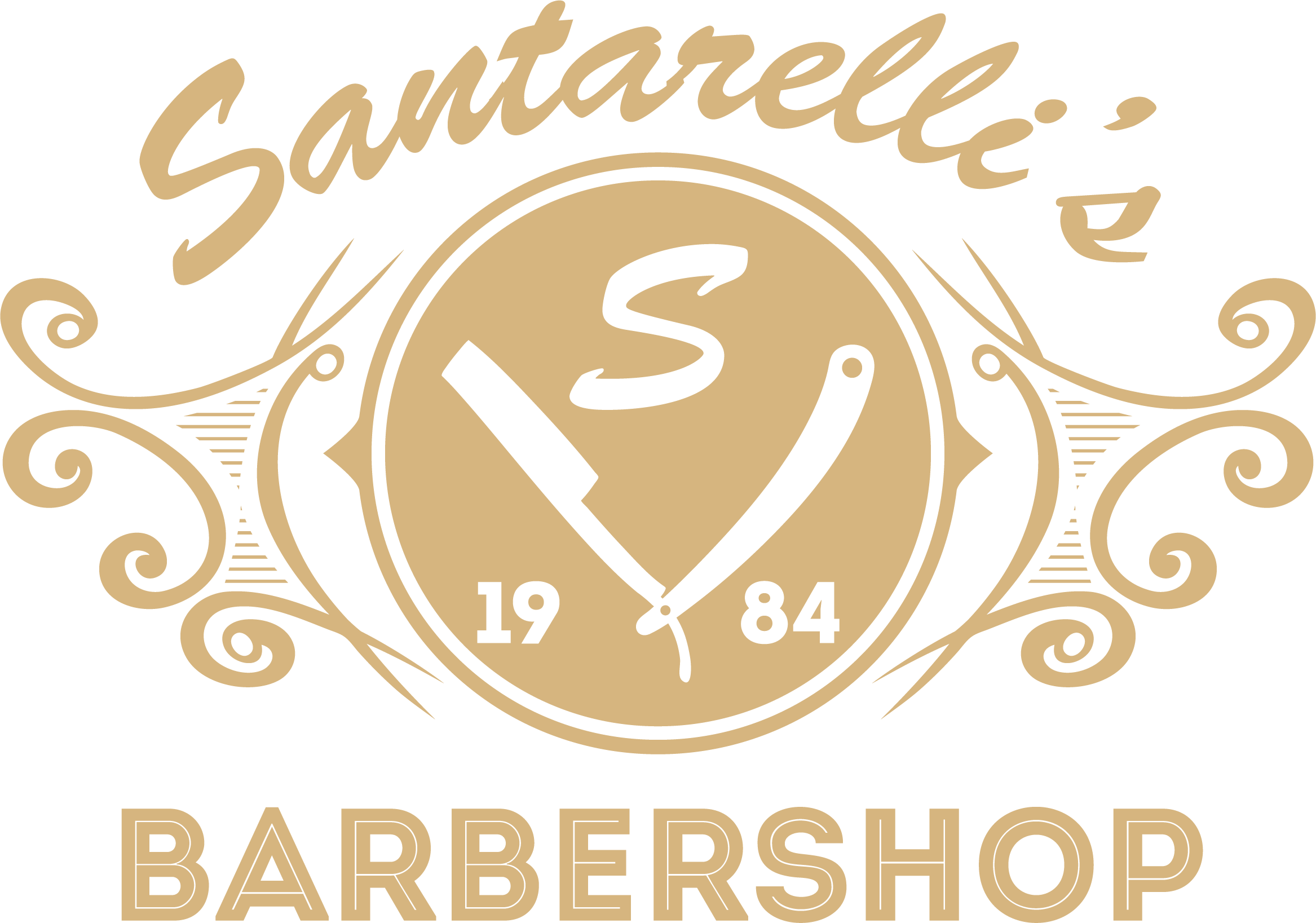 Santarelli Barbershop Logo 1984 壁紙 — 復古理髮店標誌，帶有華麗金色漩渦和交叉剪刀，背景為青綠色。