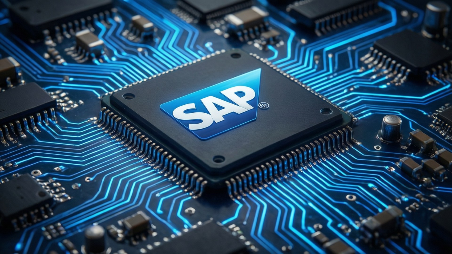 SAP Circuit Board 壁紙 — 一個黑色SAP品牌芯片的特寫，位於發光藍色電路板中央，帶有複雜的路徑。