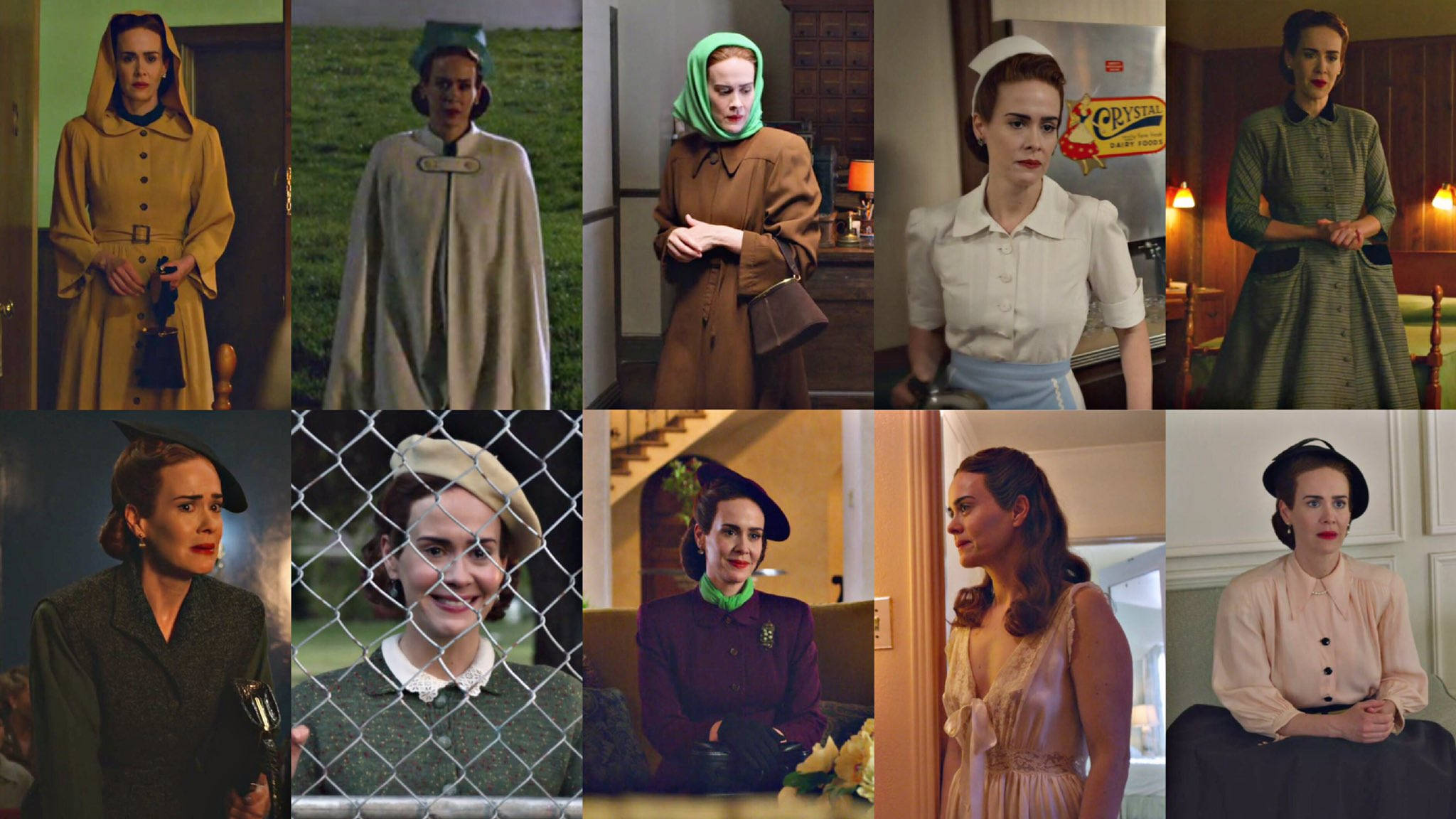 Sarah Paulson 飾 Ratched 壁紙 — 一位穿著1940年代復古服裝的女性在室內和室外的各種場景中擺姿勢，搭配時代特色的道具和裝飾。