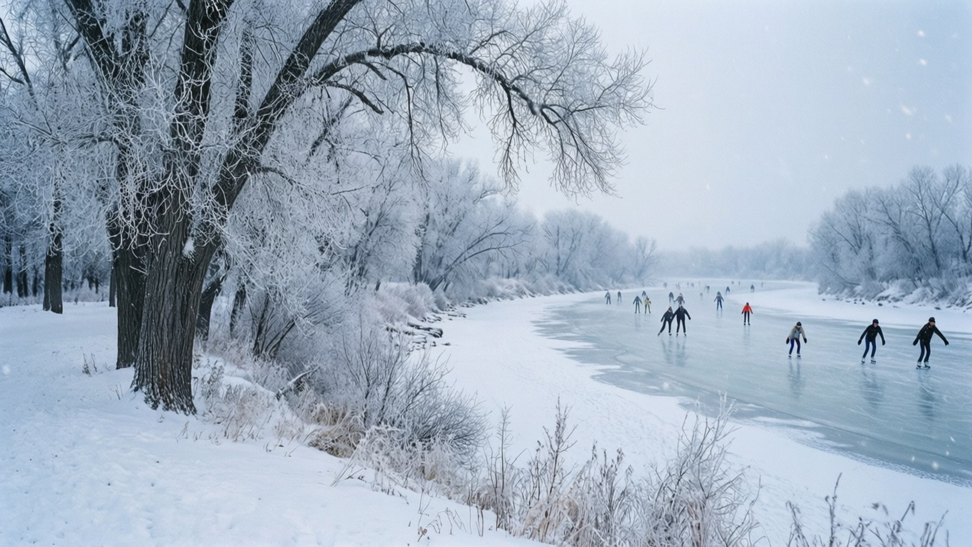 溜冰者在冬天被雪覆蓋的樹木環繞的冰凍河流上滑行。