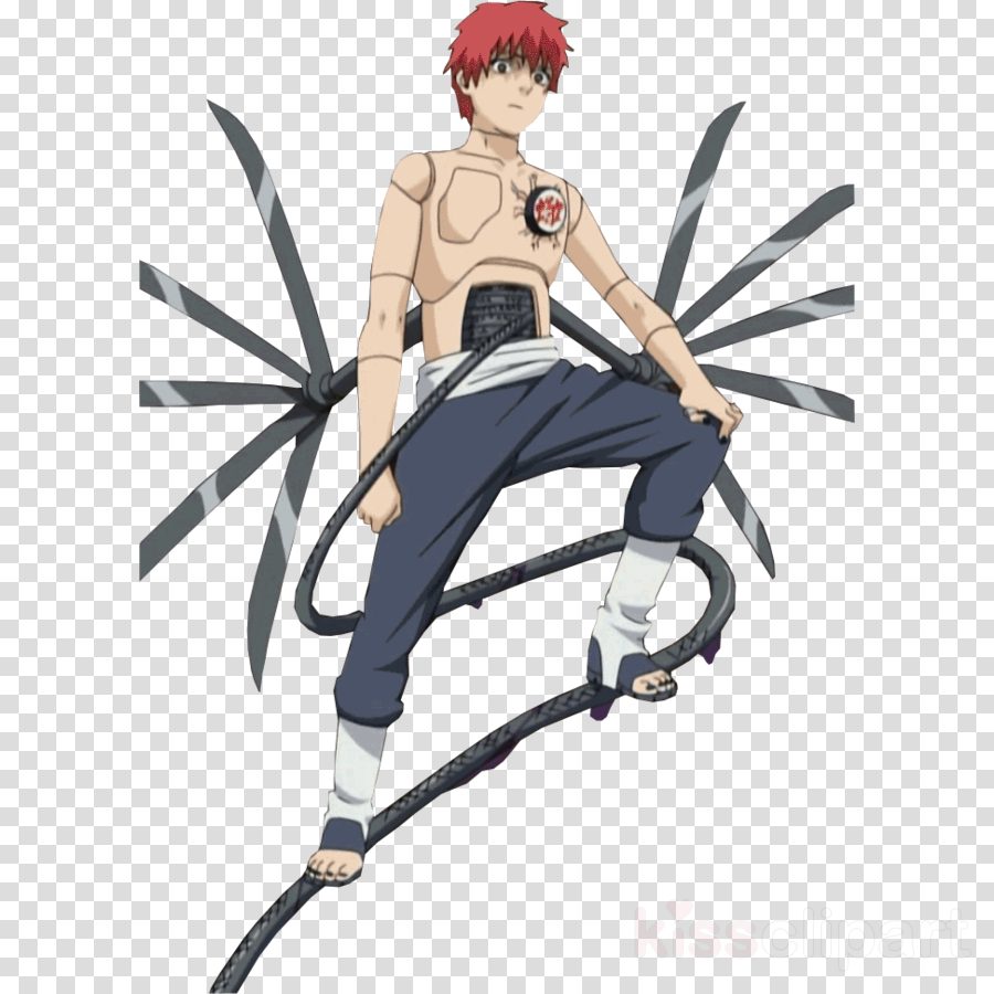 傀儡師 Sasori 動畫角色 壁紙 — 擁有紅髮和九條黑色尾巴的動漫角色以動態姿勢坐在格仔背景前。