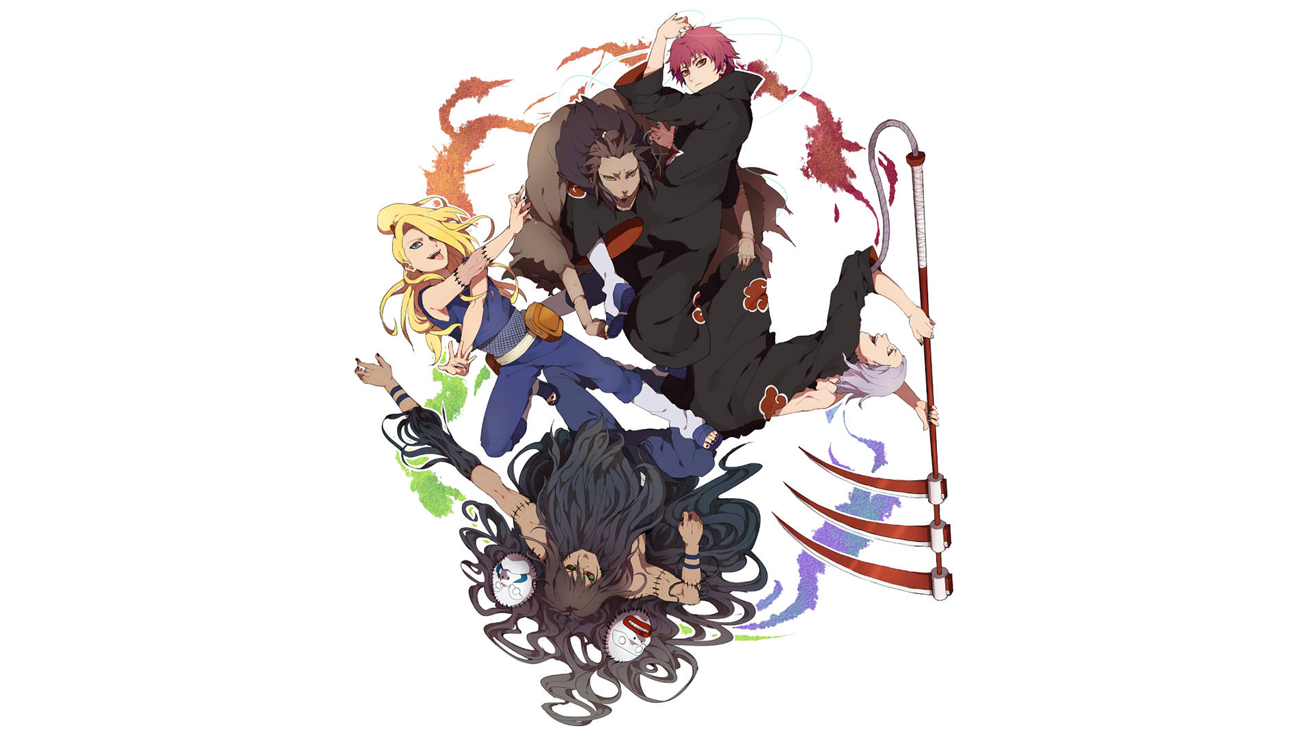 Sasori Akatsuki 組合 壁紙 — 動態動漫角色在白色背景上展現中動作，伴隨旋轉多彩能量效果。