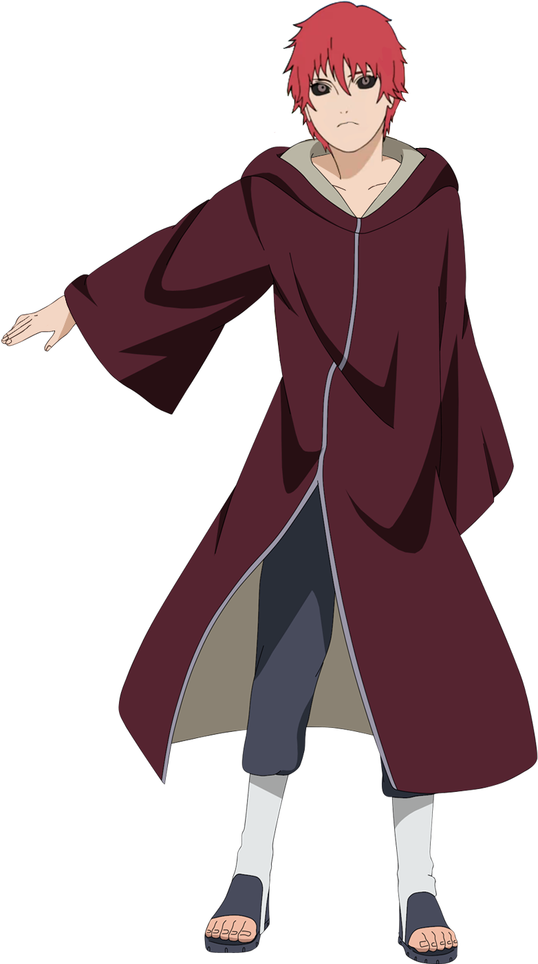 曉組織成員 Sasori 站立姿態 壁紙 — 紅髮角色身穿栗色斗篷，在黑色背景前擺出動態姿勢。