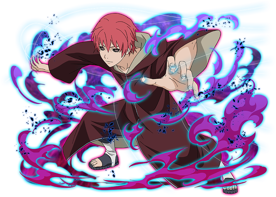 Sasori 火影忍者動漫角色藝術 壁紙 — 紅髮動漫角色以動感戰鬥姿勢引導發光的藍色和紫色查克拉。