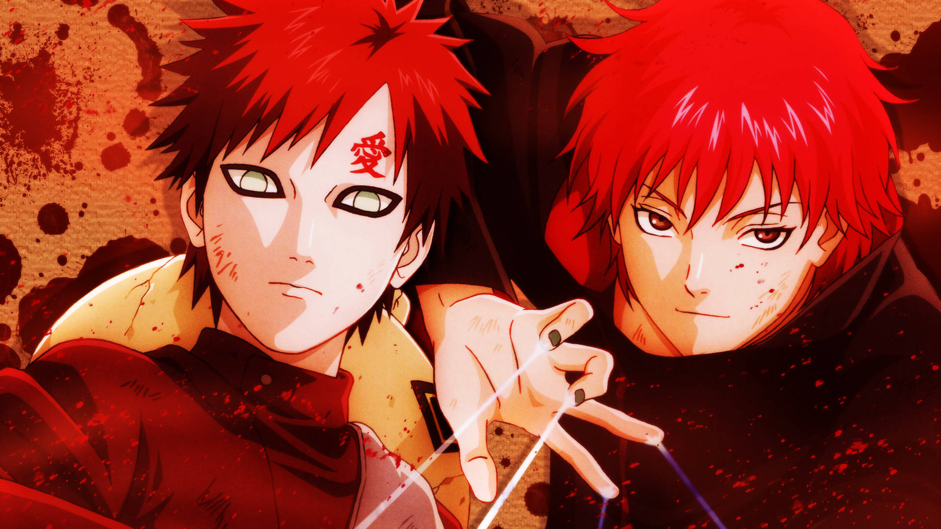 Sasori 與 Gaara 火影忍者劇情對決 壁紙 — 兩個紅髮帶血跡的動漫角色在深紅色背景下凝視著。