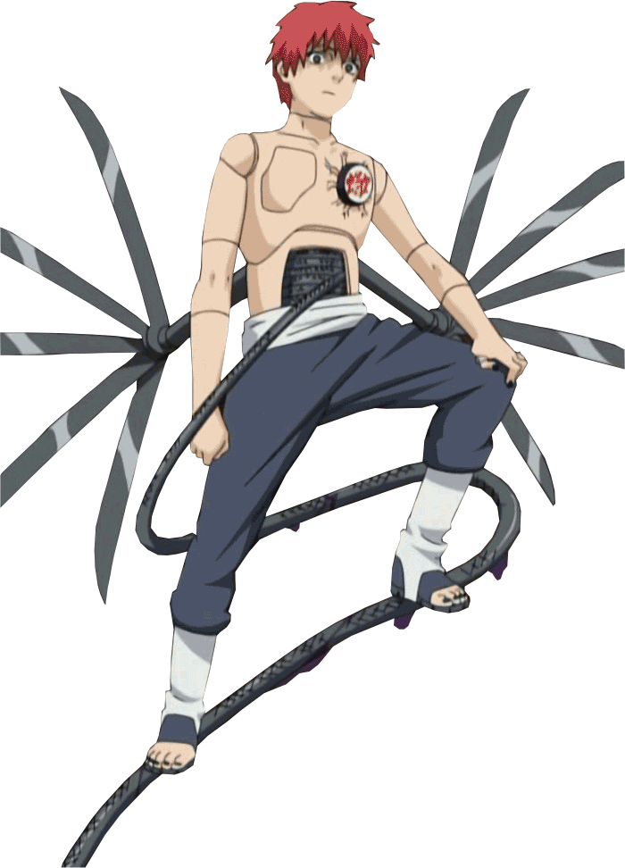 傀儡師 Sasori 動畫角色 壁紙 — 一個紅髮的動漫男孩，擁有蜘蛛般的尾巴和查克拉封印，坐在岩石懸崖邊緣。