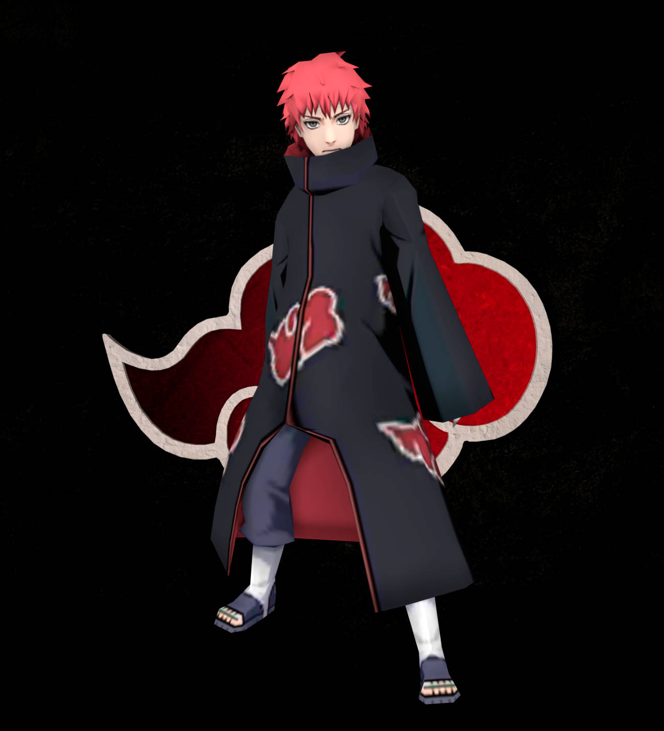 Sasori S 級 Akatsuki 壁紙 — 動漫角色，擁有尖刺紅髮和帶有紅色雲紋的黑色斗篷，站在深色背景前。