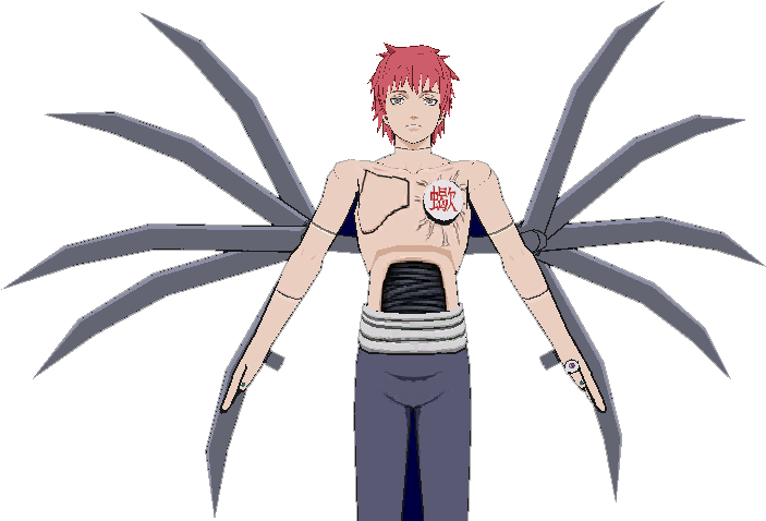傀儡師 Sasori 動畫角色 壁紙 — 紅髮蜘蛛般肢體嘅動漫角色企喺黑色背景前，心口有個漢字印。