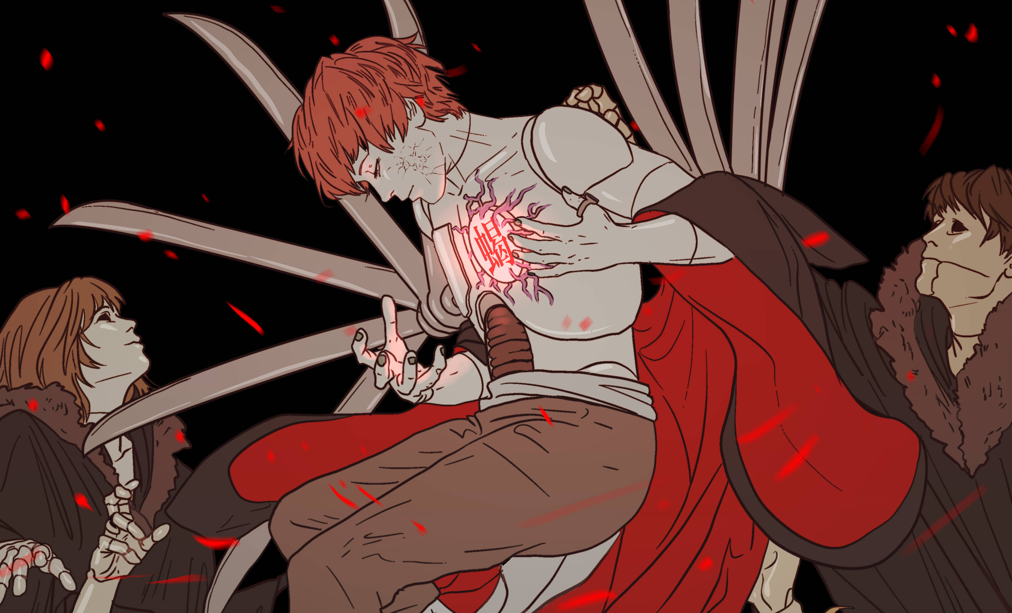 Sasori 傀儡心石 壁紙 — 一個紅髮動漫角色緊握著一顆發光的紅心，刀刃刺穿他的胸膛，另外兩人驚恐地看著。