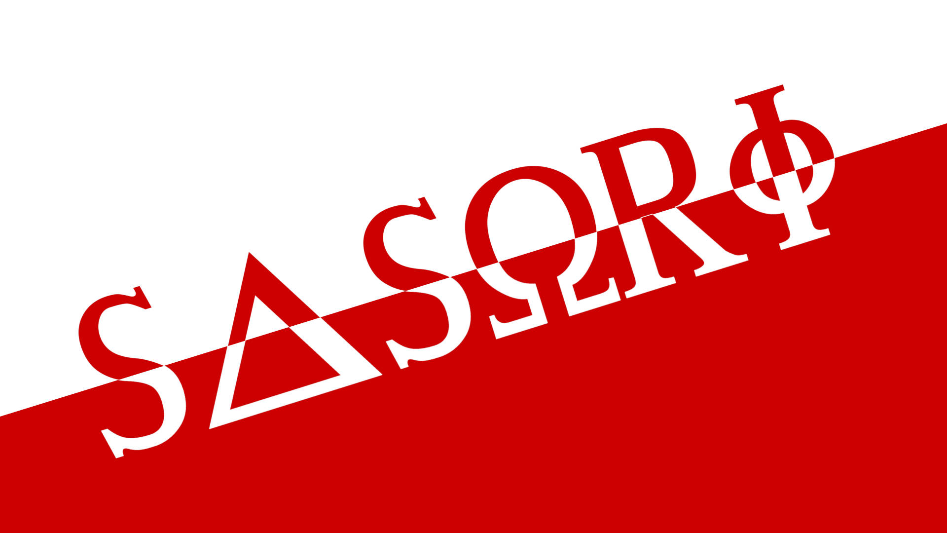 Sasori 名字標誌 壁紙 — 大膽的紅白斜向分割，中央帶有風格化字體的希臘字母 Sigma Delta Omega Rho Phi。