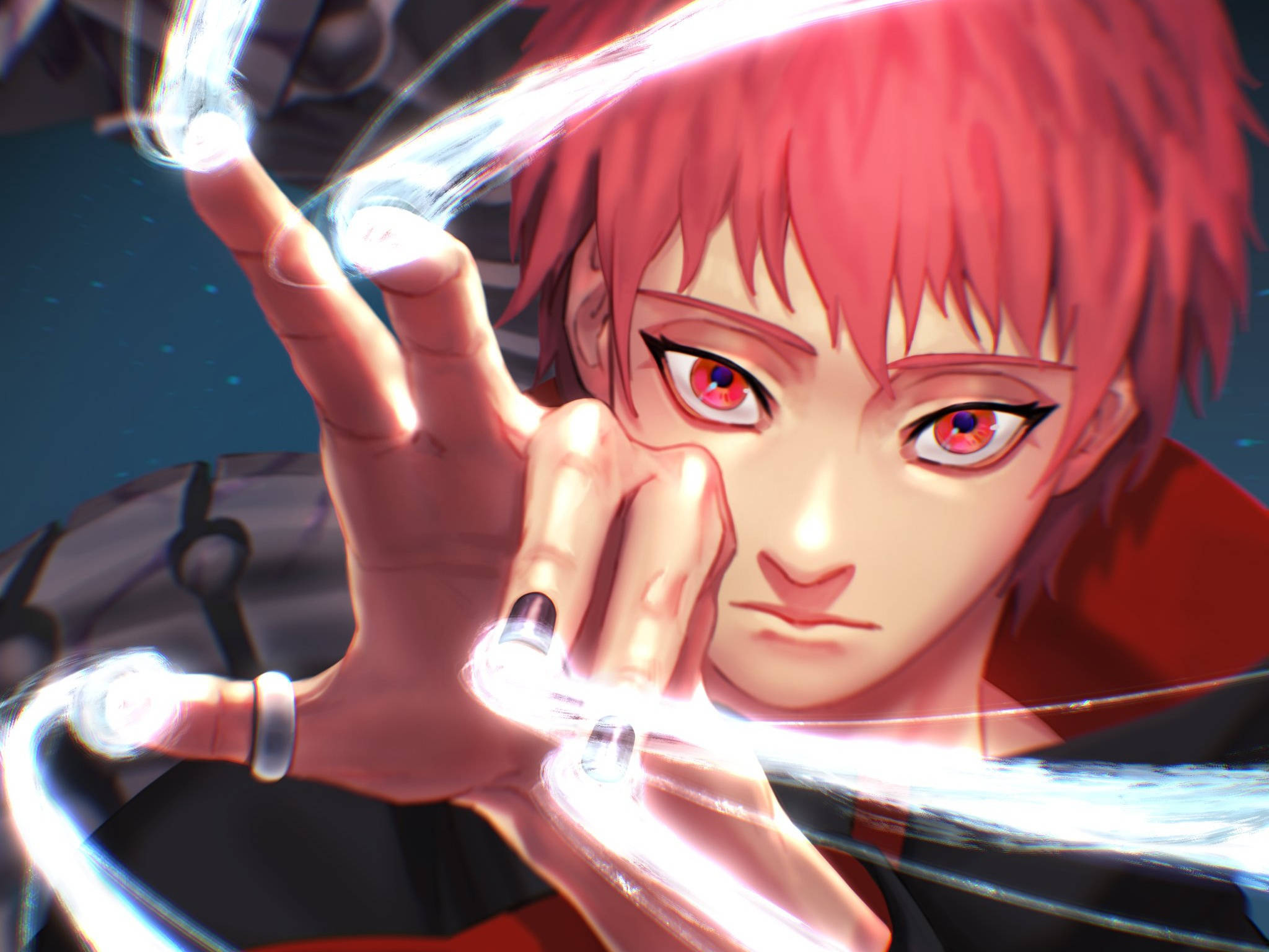 Sasori 數位原創藝術 壁紙 — 一個紅髮、眼睛發出紅光的動漫角色，透過伸出的手釋放出明亮的白色能量。