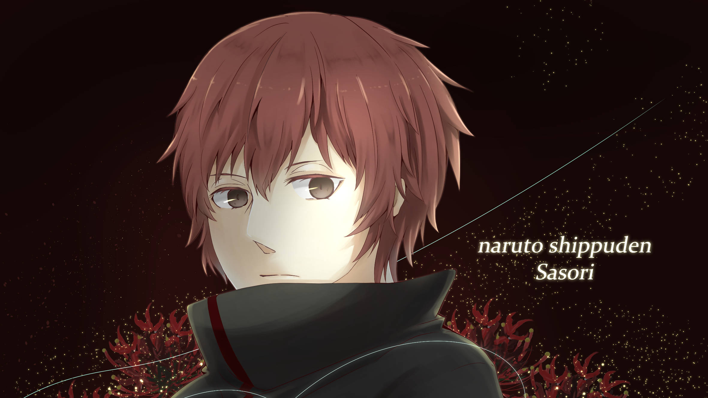 Sasori 火影忍者疾風傳 壁紙 — 來自《火影忍者疾風傳》的動漫角色蠍，紅髮、身穿黑色斗篷，背景是星光閃爍的深紅色。