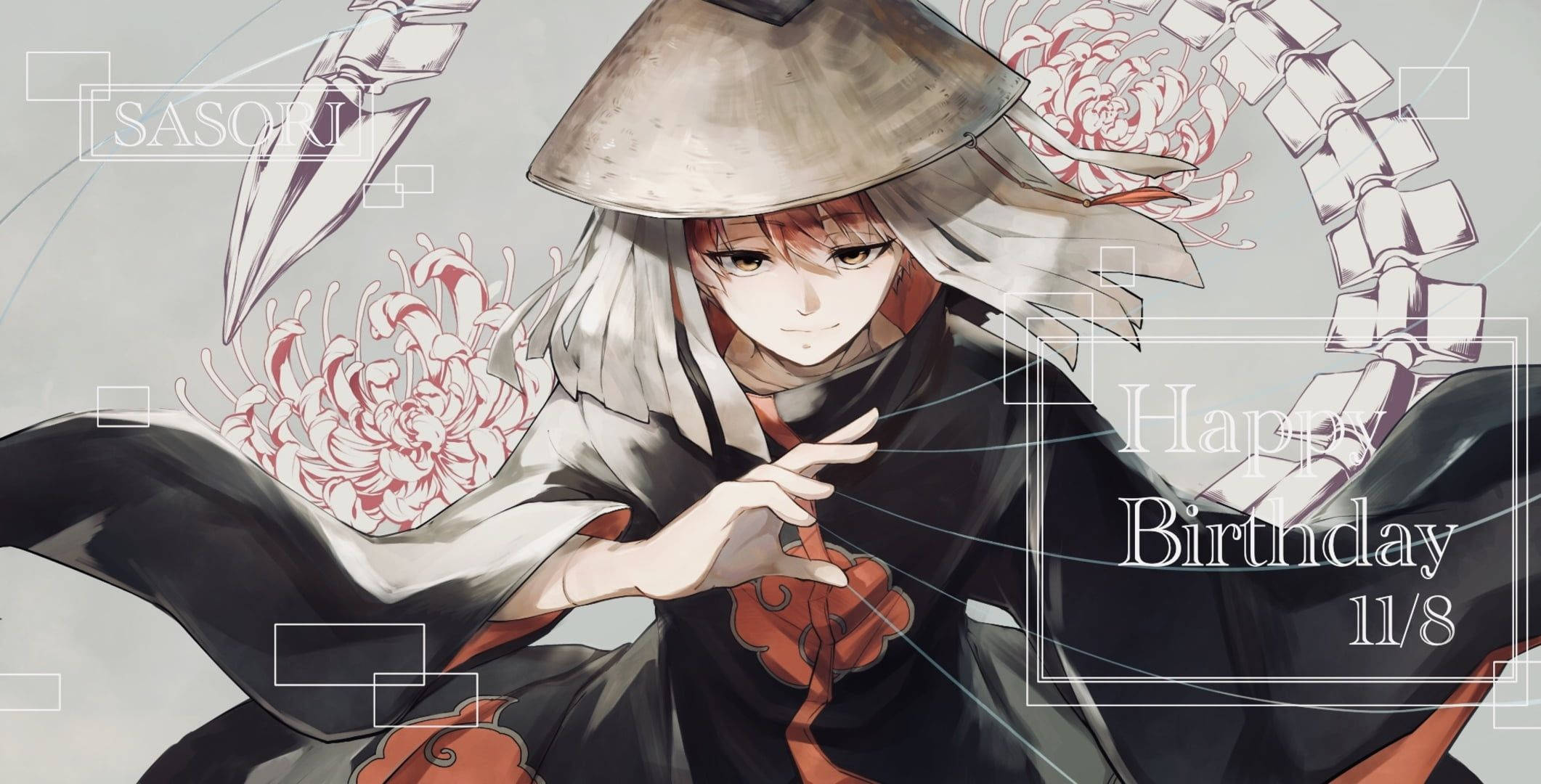 Sasori 生日粉絲藝術 壁紙 — 動漫角色蠍（Sasori）身穿黑色和橙色斗篷，搭配菊花和骨狀鏈條，背景為灰色。