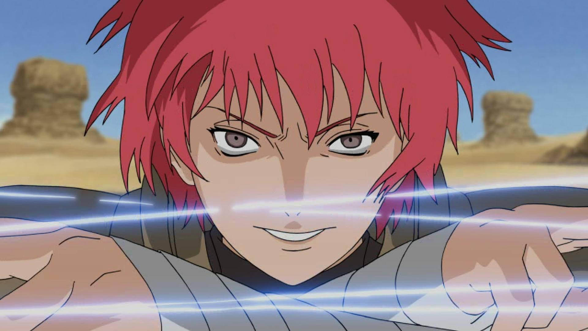 Sasori 的傀儡線對戰小南 壁紙 — 一個堅定的動漫角色，有著尖刺的紅髮，在沙漠環境中引導發光的藍色能量。