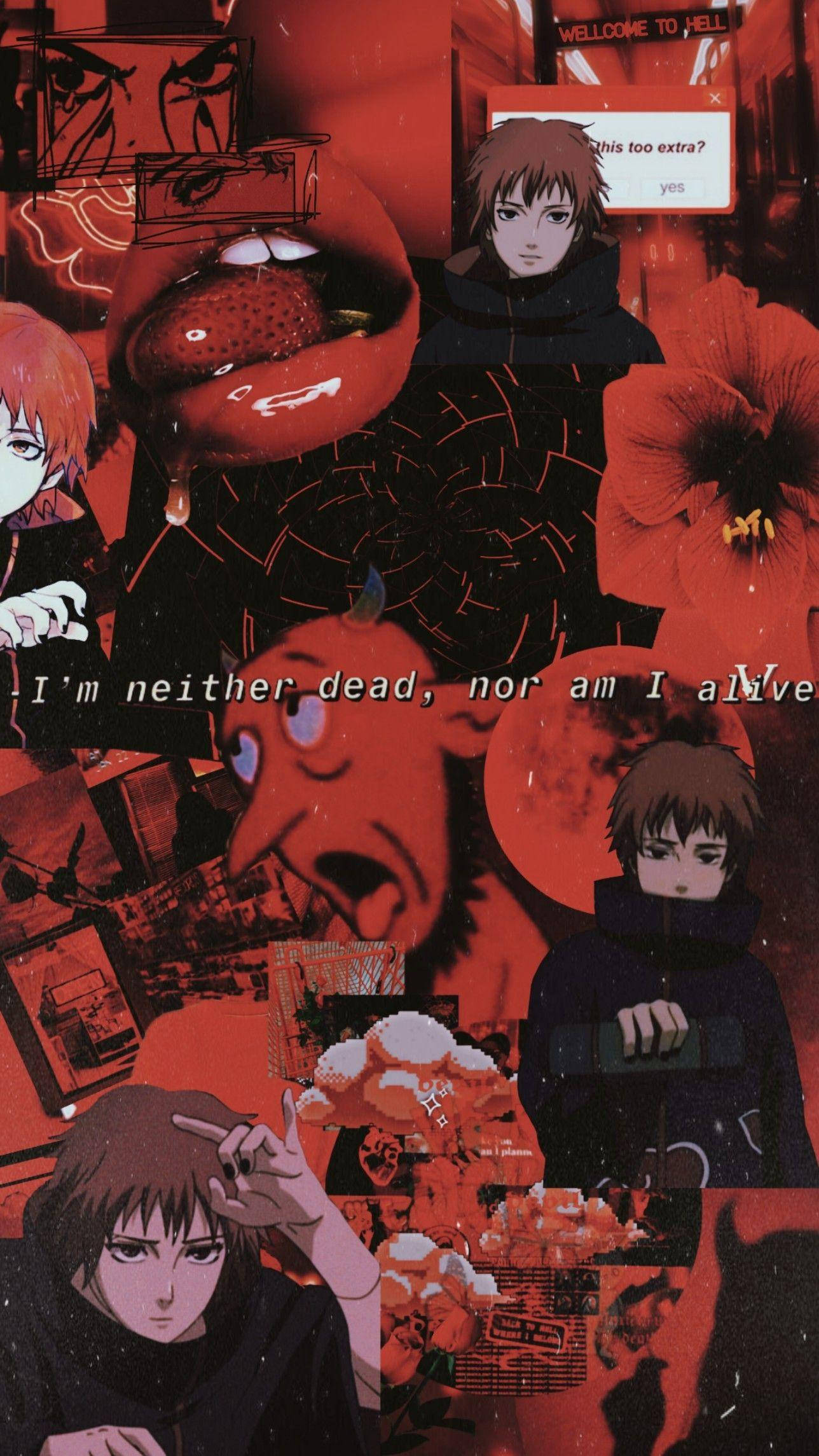 Sasori 紅色美學 壁紙 — 一幅以紅色調為主導的超現實動漫拼貼畫，包含多個表情強烈的角色和碎片化的文字疊加。