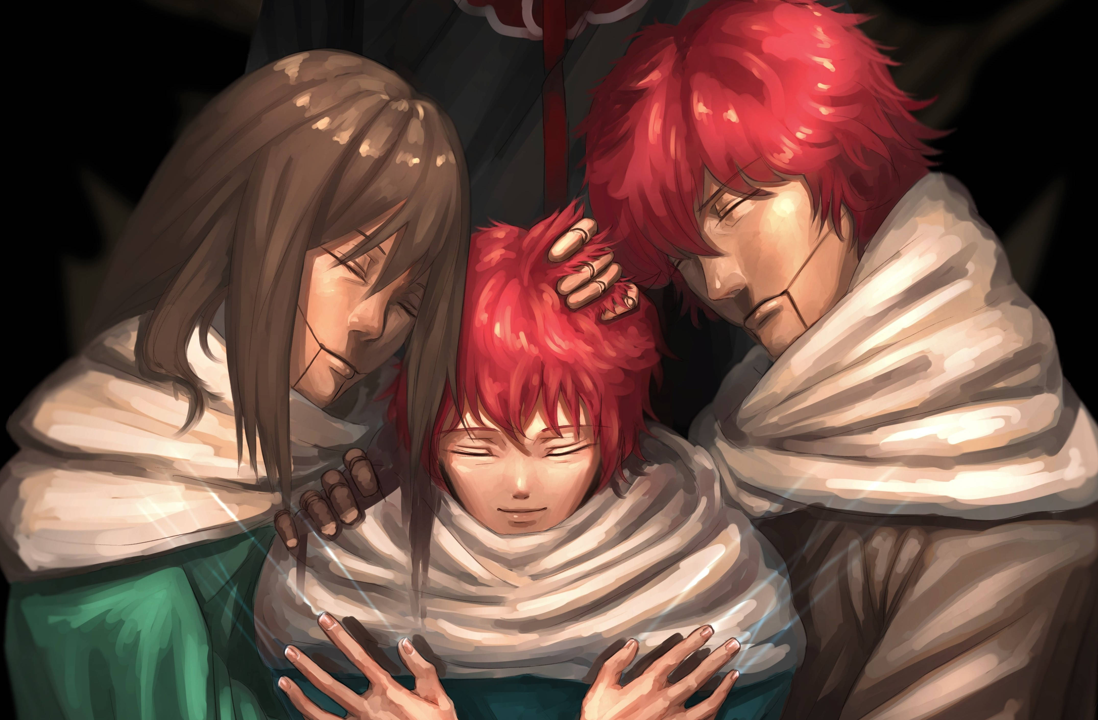 Sasori 與傀儡父母 壁紙 — 三個紅髮和棕髮的動漫角色在昏暗的場景中，裹著白色斗篷溫暖地擁抱。