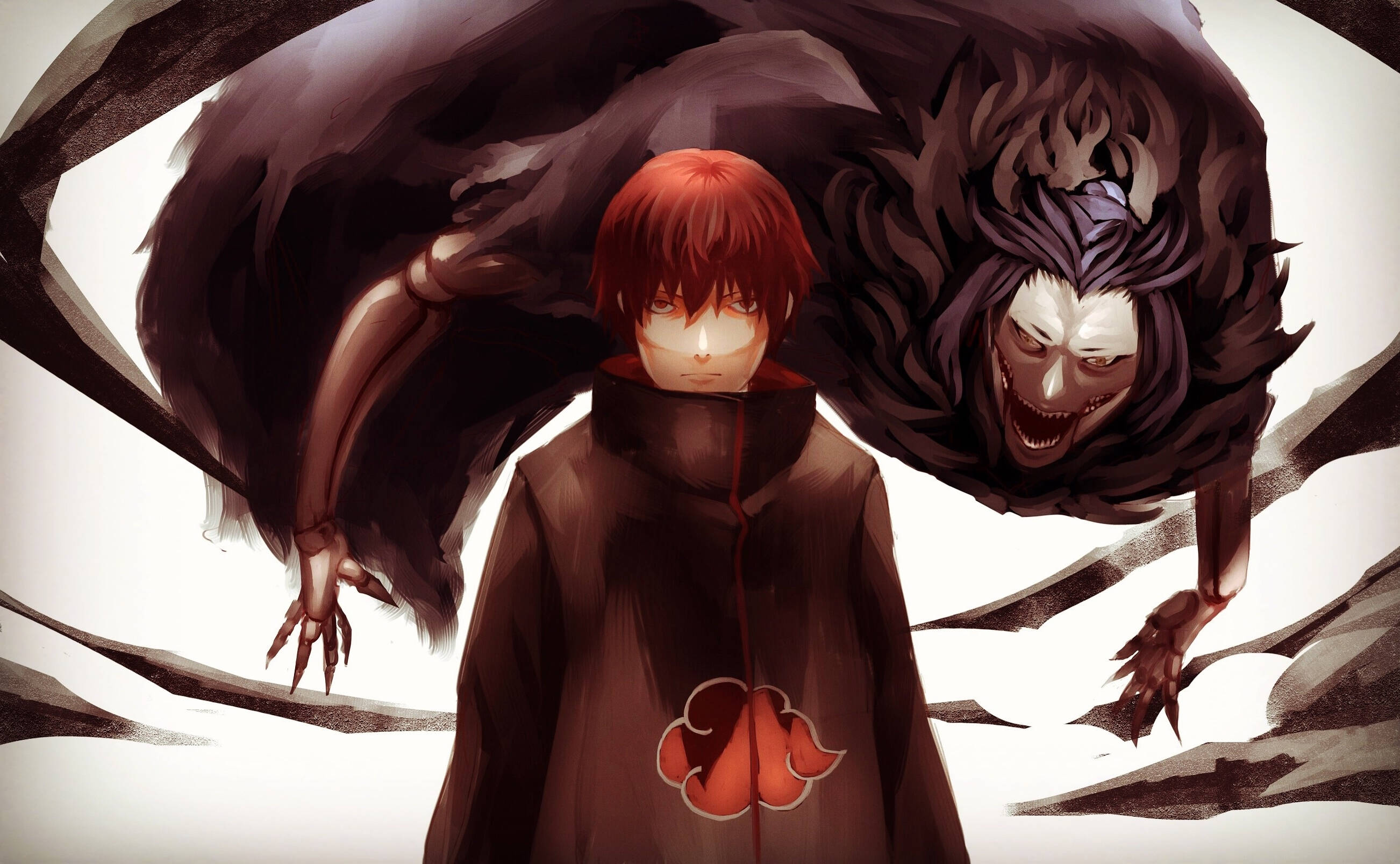 Sasori 與第三 Kazekage 傀儡 壁紙 — 一個紅髮動漫男孩，身穿帶有紅色雲紋的黑色斗篷，冷靜地站著，身後一個擁有鋒利爪子的 monstrous 黑暗實體隱約出現。