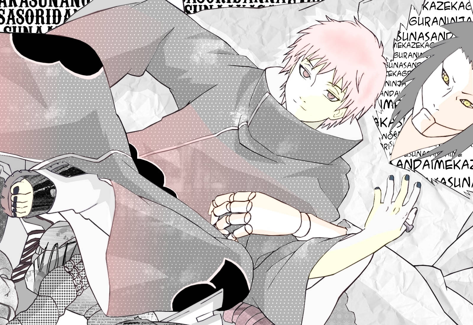 Sasori 與第三 Kazekage 漫畫藝術 壁紙 — 兩個身穿曉組織斗篷的動漫角色纏繞在皺巴巴的紙上，周圍漂浮著日文字。