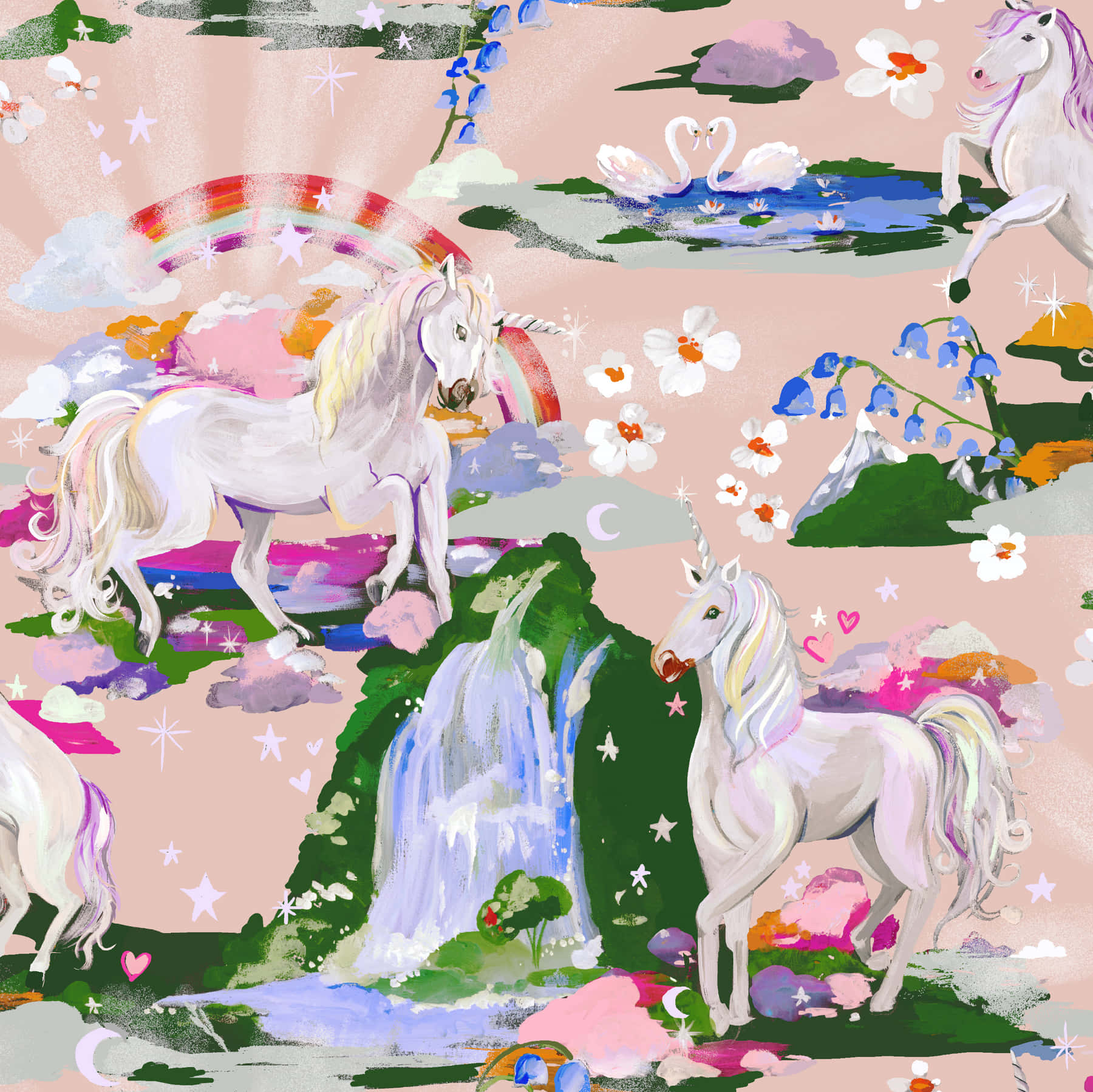 獨角獸和天鵝在神奇的粉彩奇幻風景中，伴隨著瀑布和花朵。
