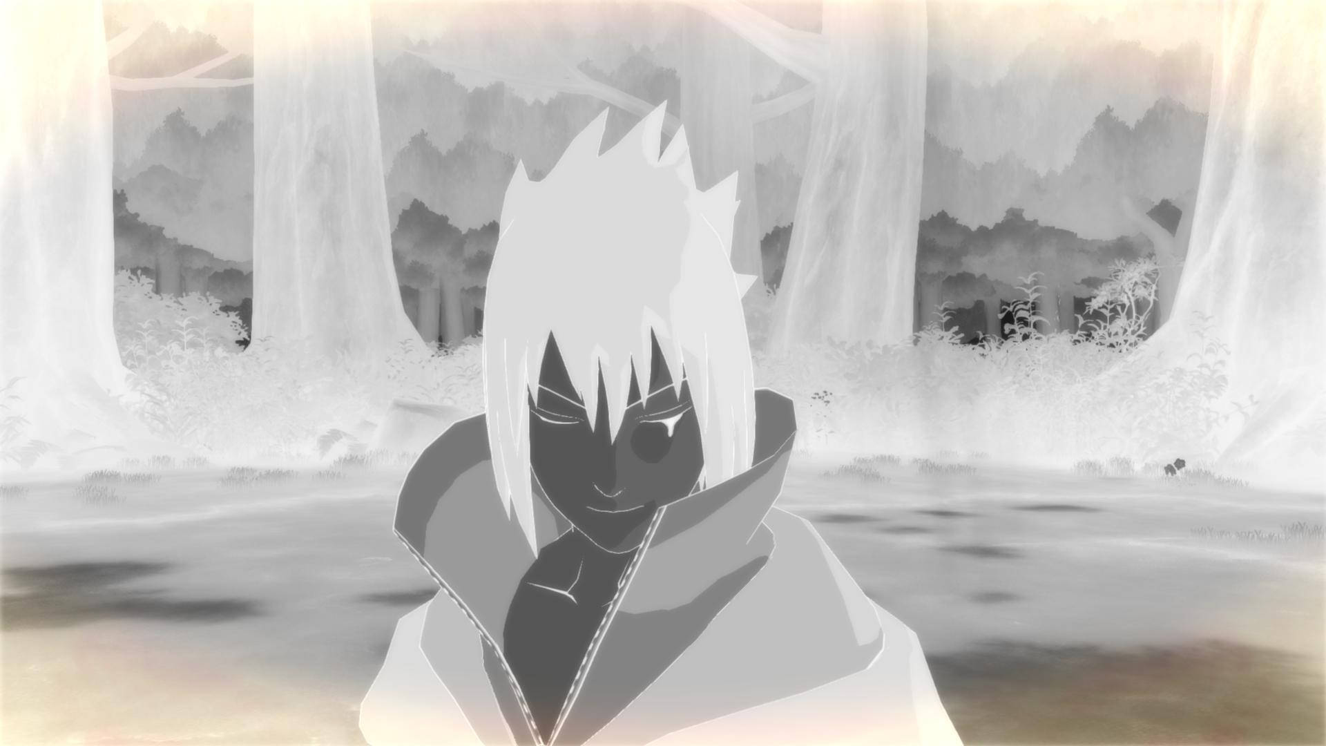 Sasuke 4K 逆色效果 壁紙 — 一個風格化的動漫角色，有著尖刺的白髮，站在霧氣瀰漫的森林中，柔和的光芒穿過高大的樹木。