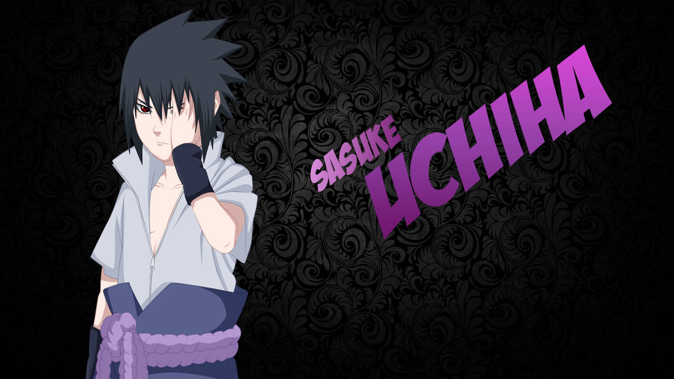 Sasuke Uchiha 4K 海報 壁紙 — 動漫角色宇智波佐助以自信姿態站在黑色華麗背景前，他的名字以粗體紫色文字顯示。