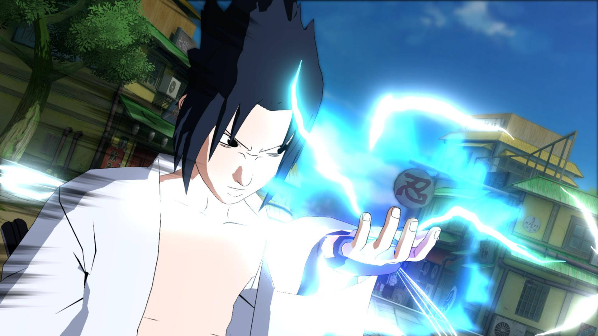 Sasuke Uchiha 雷電 4K 壁紙 — 動漫角色在晴朗天空下的活力都市環境中引導發光的藍色查克拉能量。