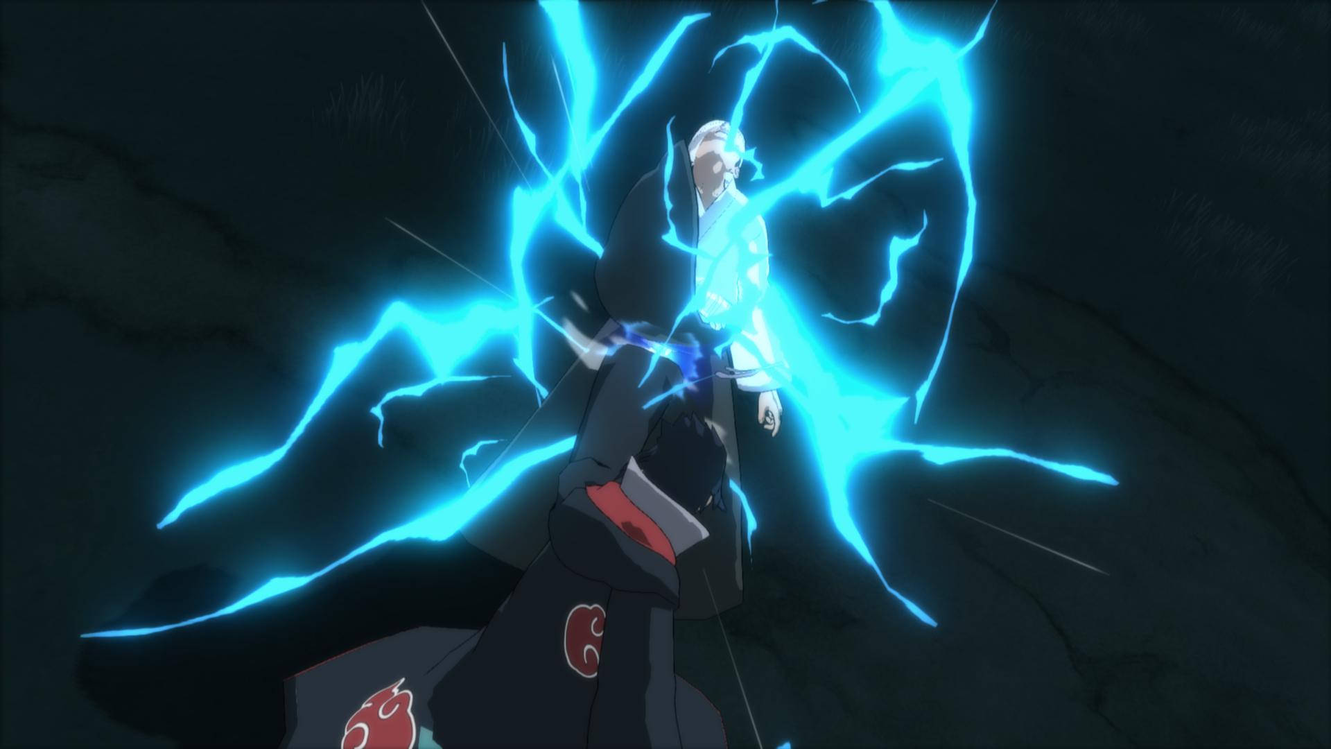 Sasuke 千鳥攻擊 4K 壁紙 — 一名忍者在黑暗的岩石洞穴中釋放出明亮的藍色閃電，周圍有發光的能量噼啪作響。