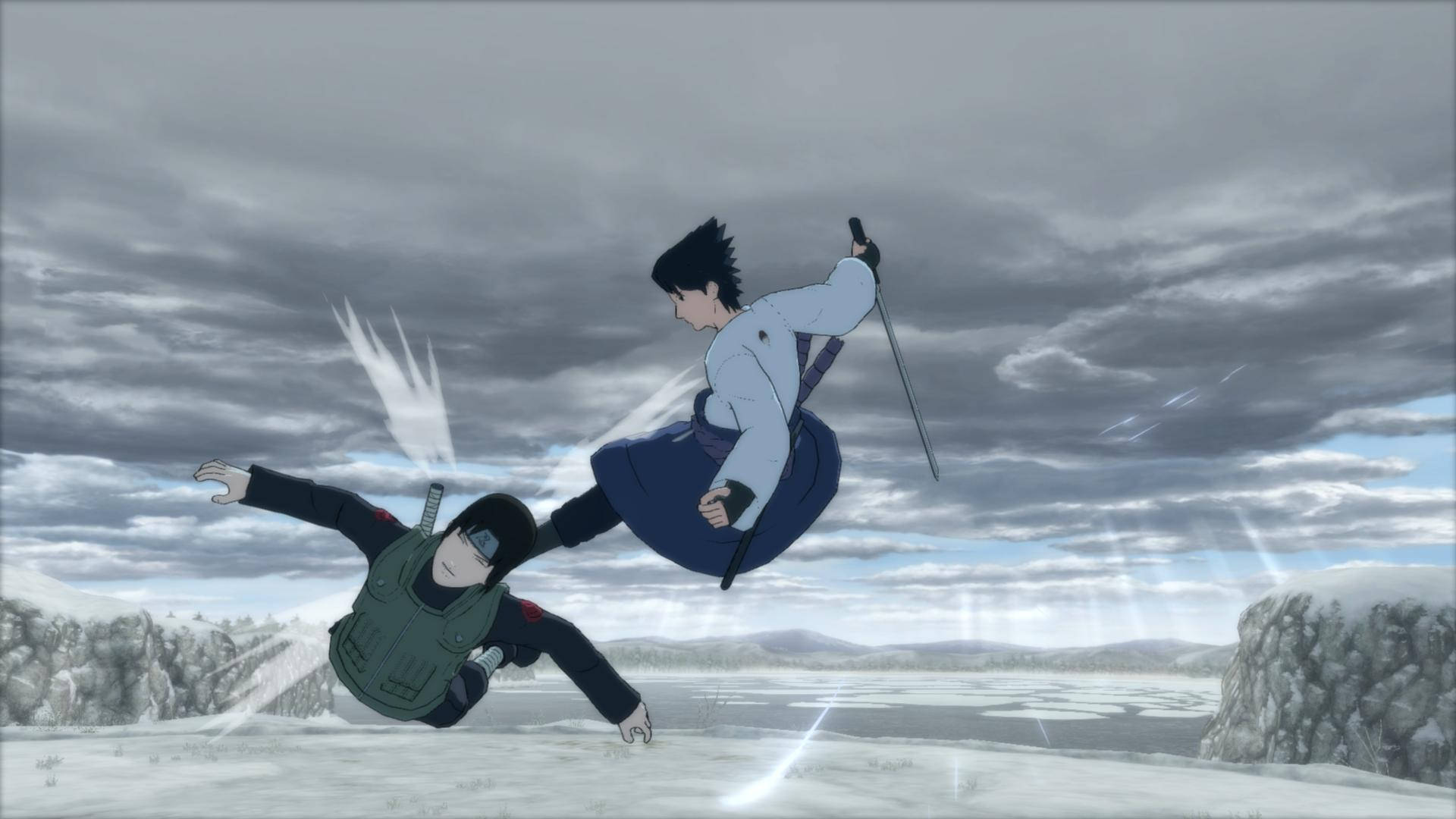 Sasuke 對戰 Sai 4K 壁紙 — 兩個動漫戰士在風暴灰天下，於雪地戰場上空交鋒。