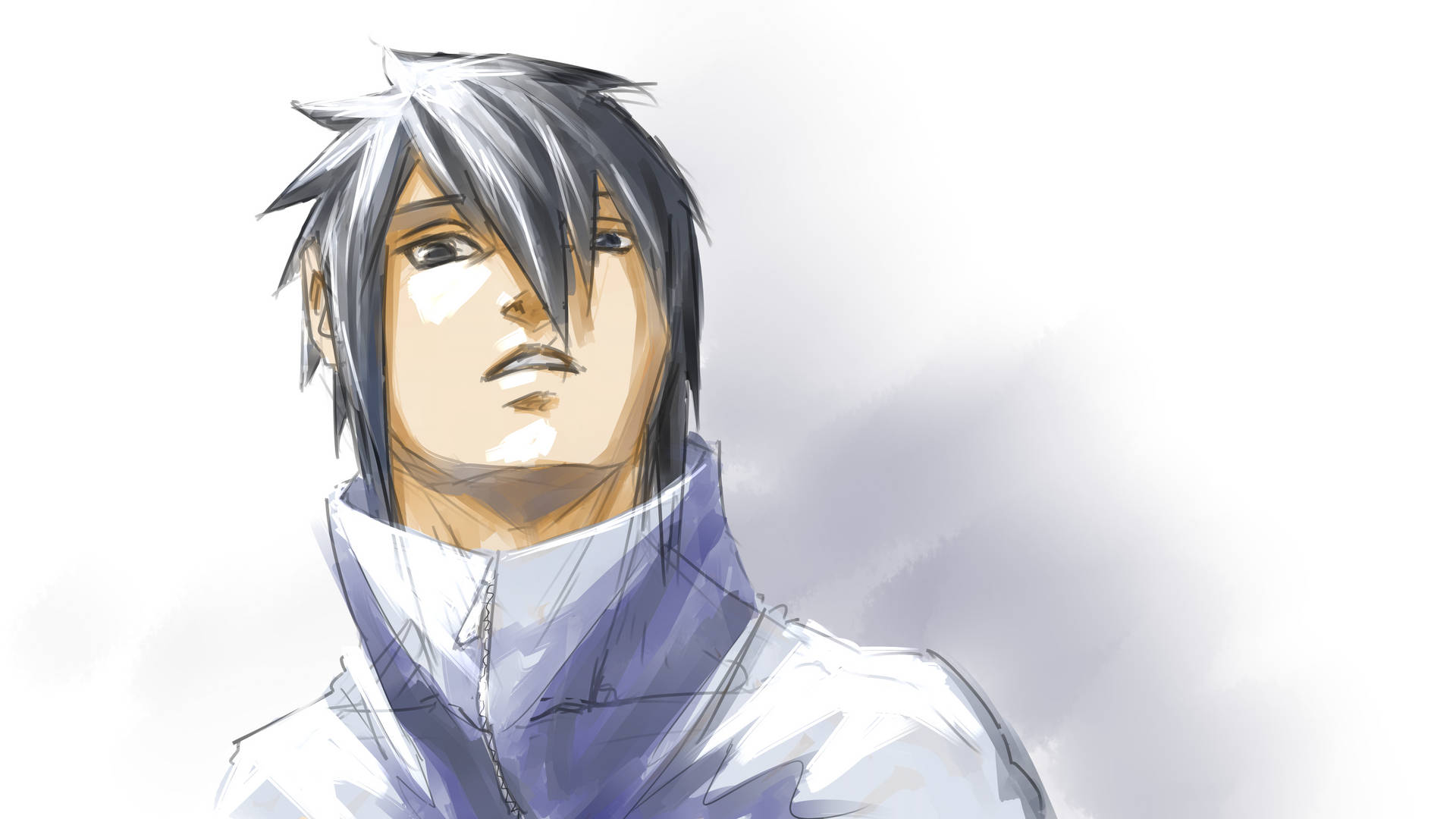 動漫角色，銀色頭髮，表情嚴肅，穿著白色和藍色服裝。