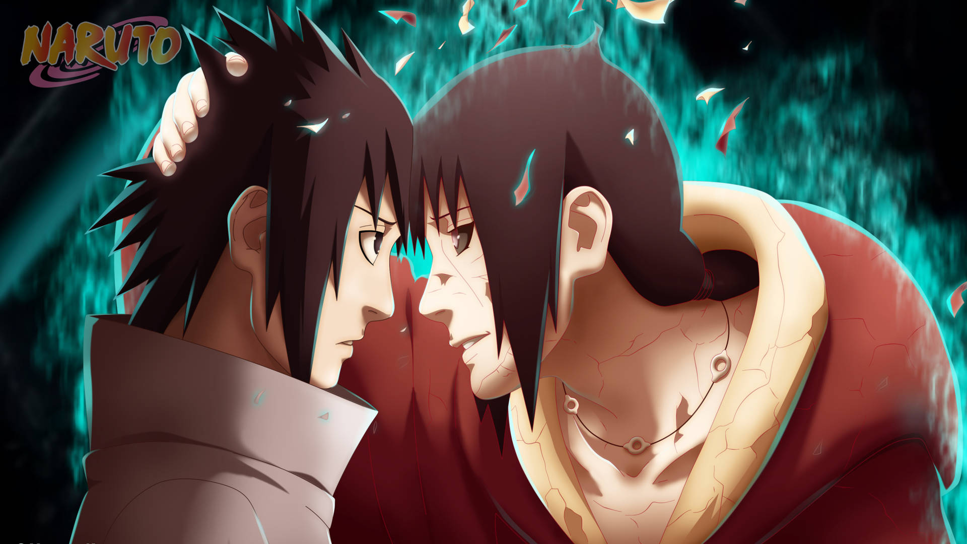 Sasuke 與 Itachi 4K 壁紙 — 兩個動漫角色在旋轉的青綠色背景和落葉中緊張對峙。