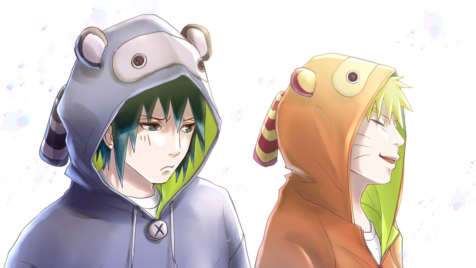 Sasuke 與 Naruto 4K 壁紙 — 兩個穿著動物主題連帽衫的動漫角色，一個綠髮表情嚴肅，另一個金髮在柔和閃爍的背景前燦爛微笑。