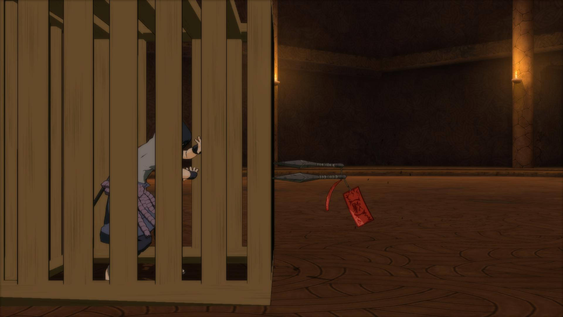 Sasuke 被囚於木籠 4K 壁紙 — 一個卡通角色在昏暗的房間裡，從木欄杆後面緊張地偷看，地板上有紅色標籤。