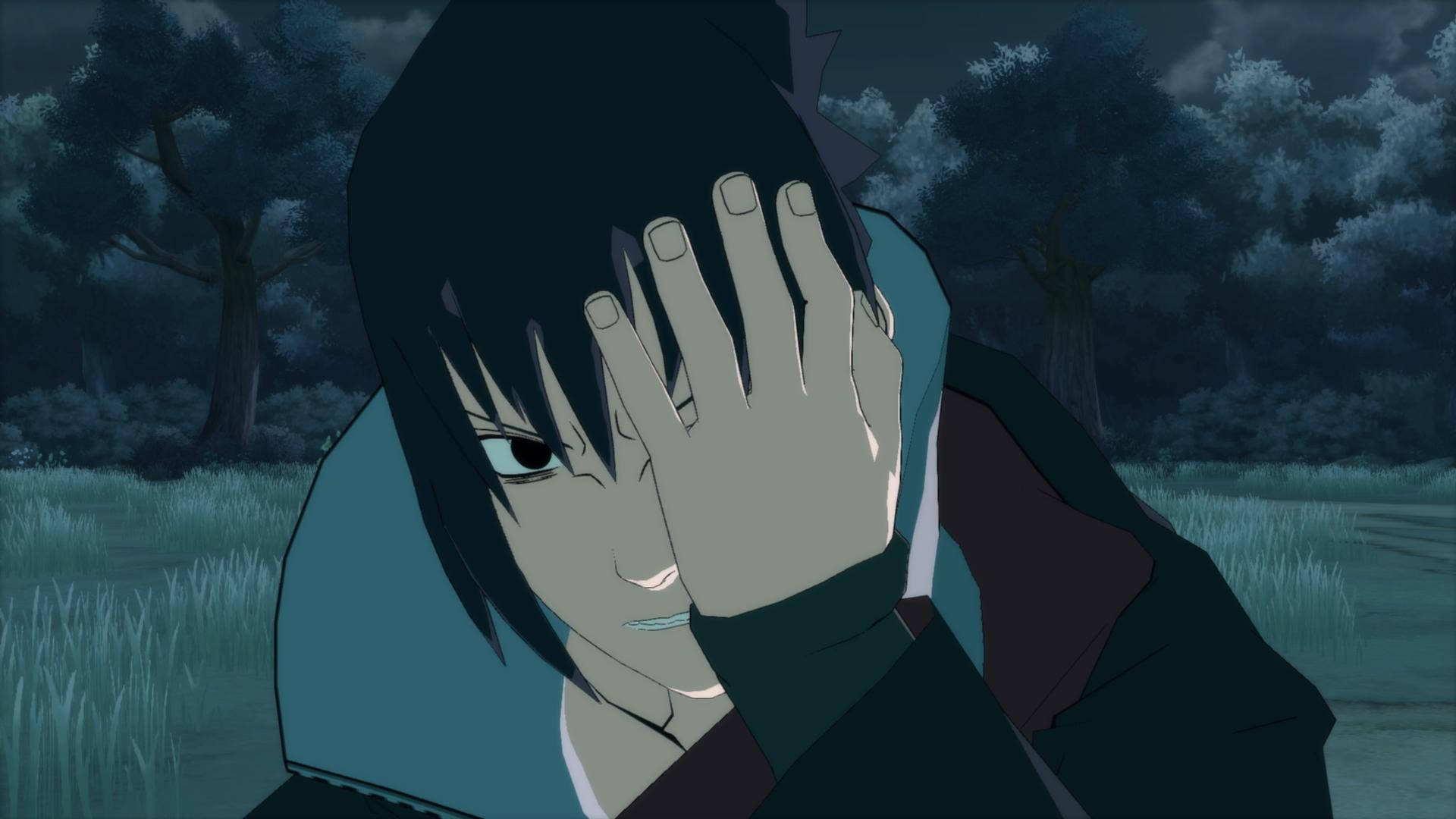 Sasuke 覆眼 4K 壁紙 — 一個孤獨的動漫角色，黑髮遮住半邊臉，在昏暗的森林夜晚，眼睛閃爍著內心的掙扎。